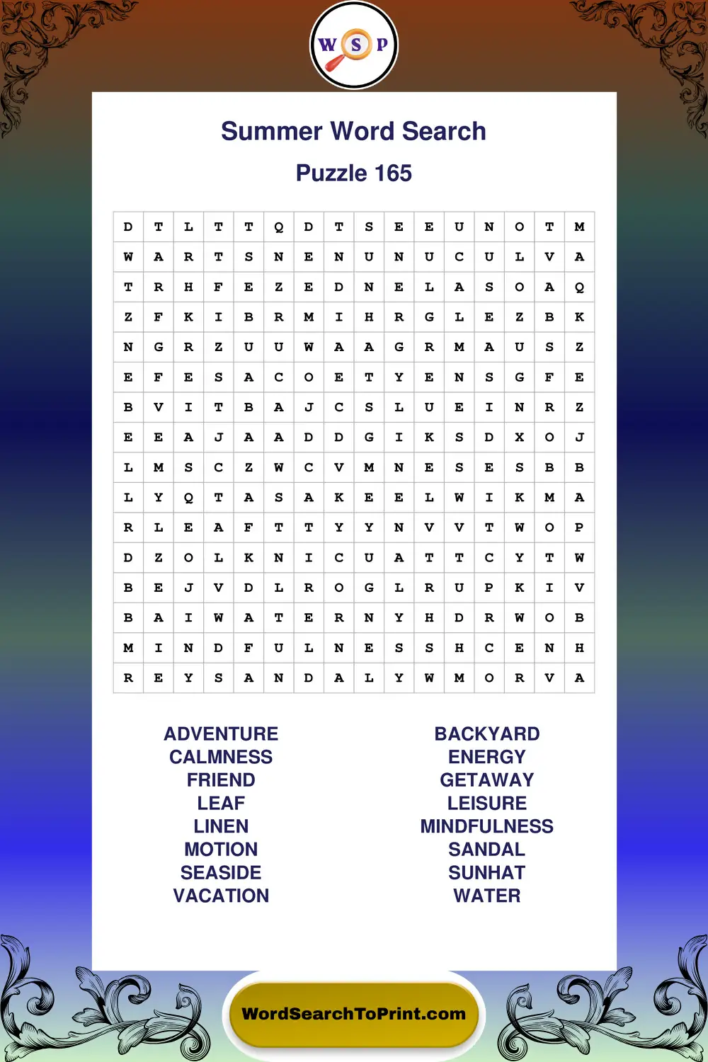 Summer Word Search Puzzle 165