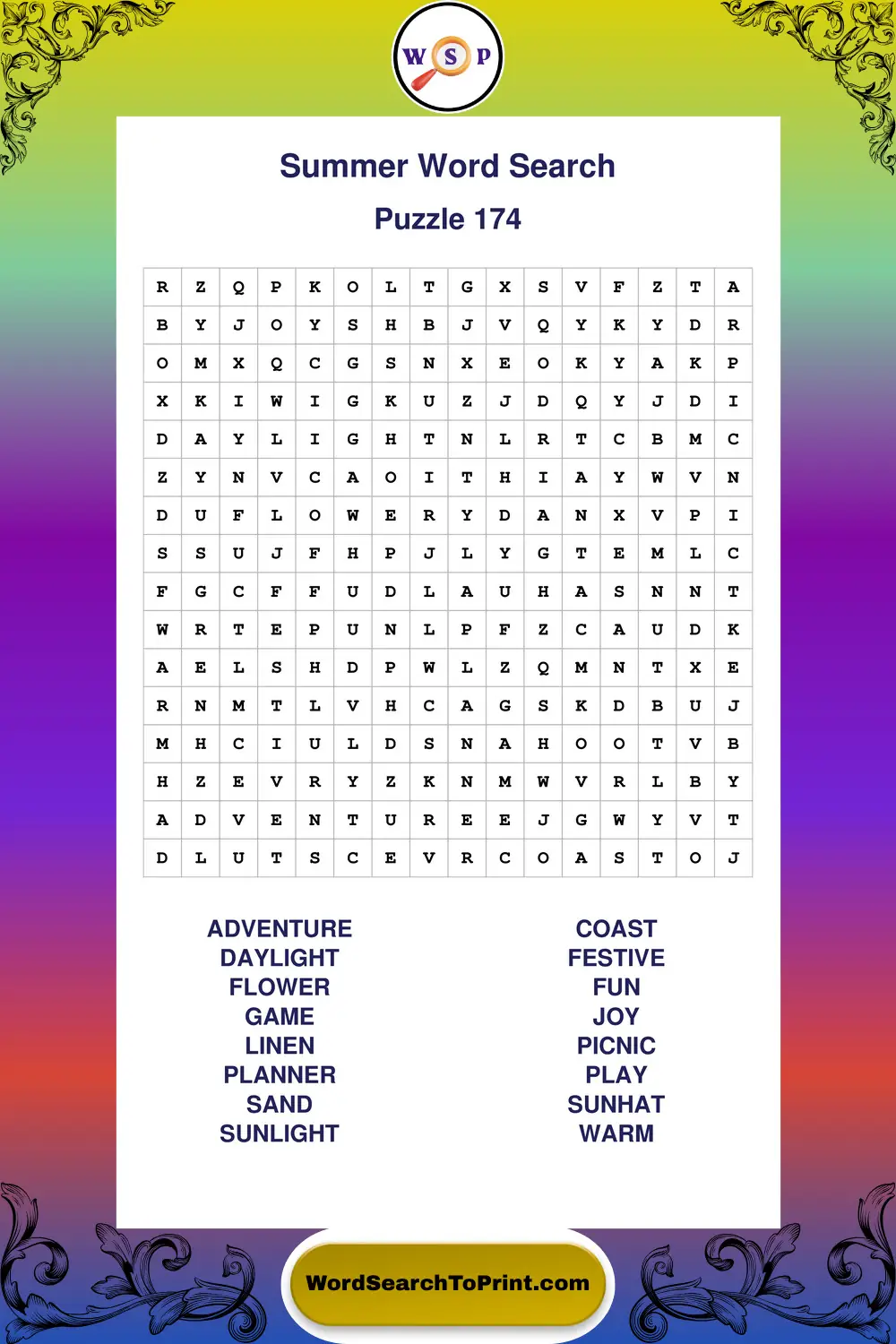 Summer Word Search Puzzle 174