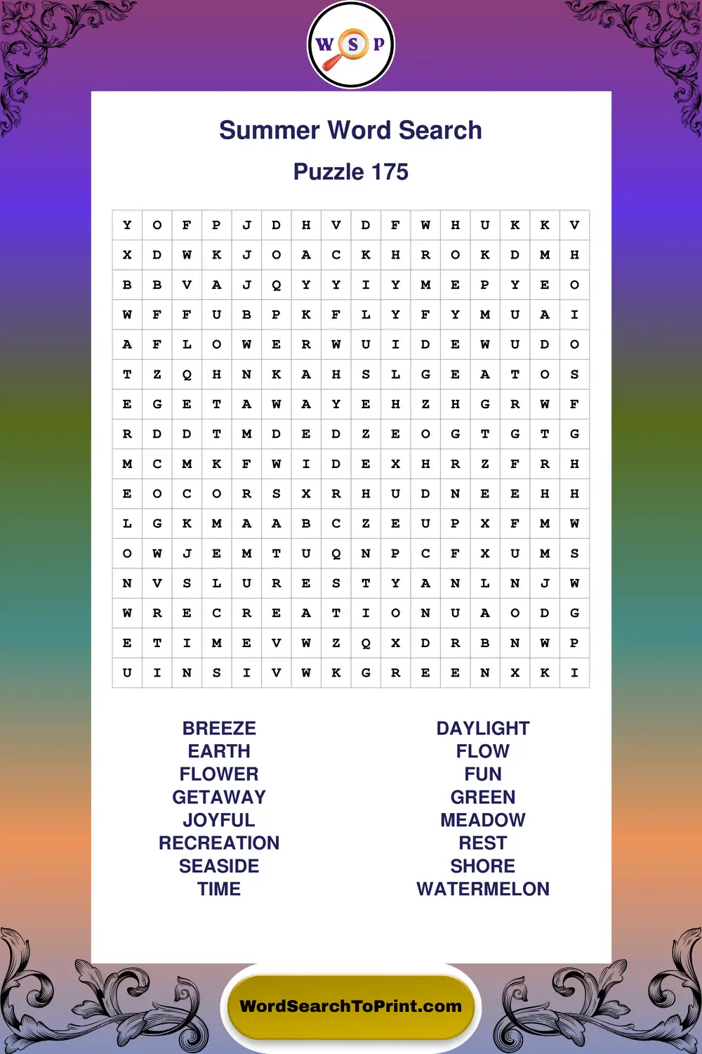 Summer Word Search Puzzle 175