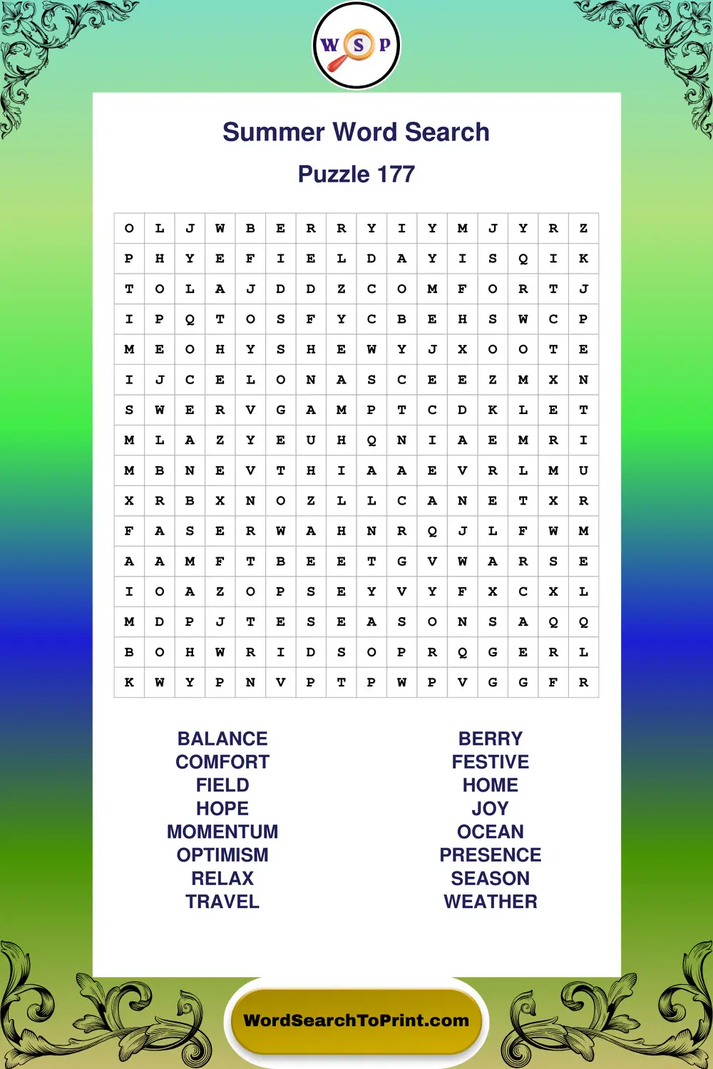 Summer Word Search Puzzle 177