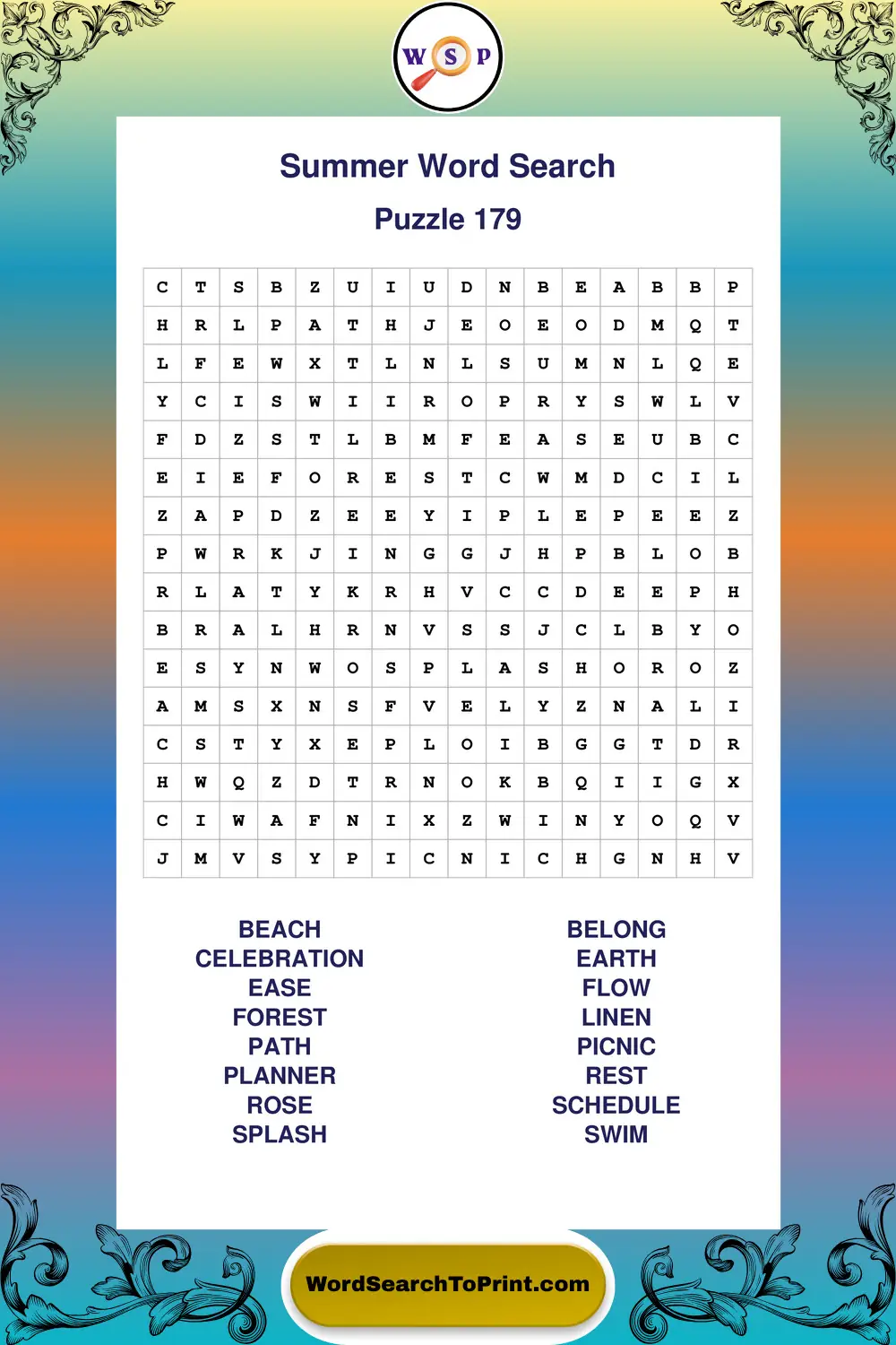 Summer Word Search Puzzle 179
