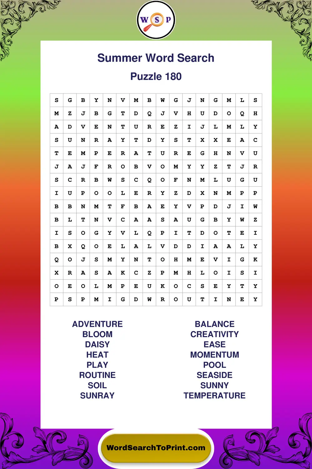 Summer Word Search Puzzle 180