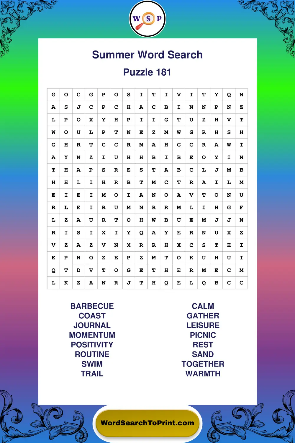 Summer Word Search Puzzle 181