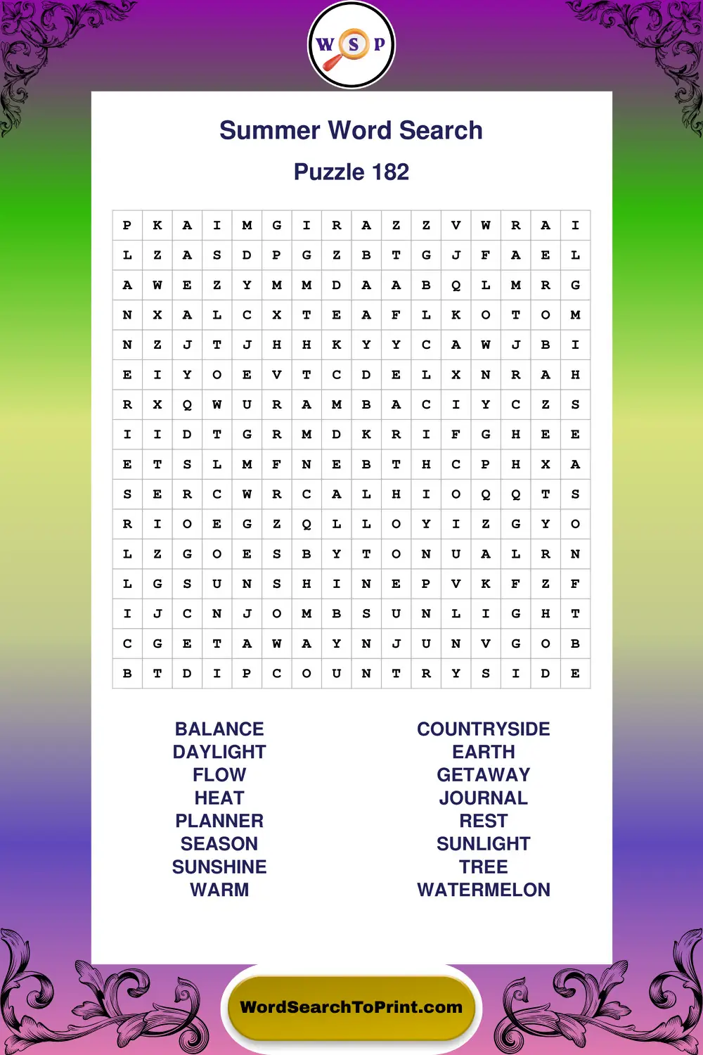 Summer Word Search Puzzle 182
