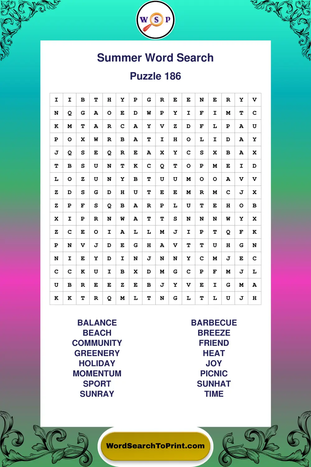 Summer Word Search Puzzle 186