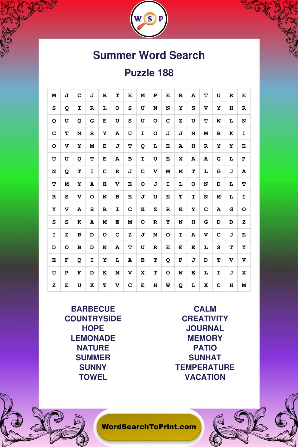 Summer Word Search Puzzle 188