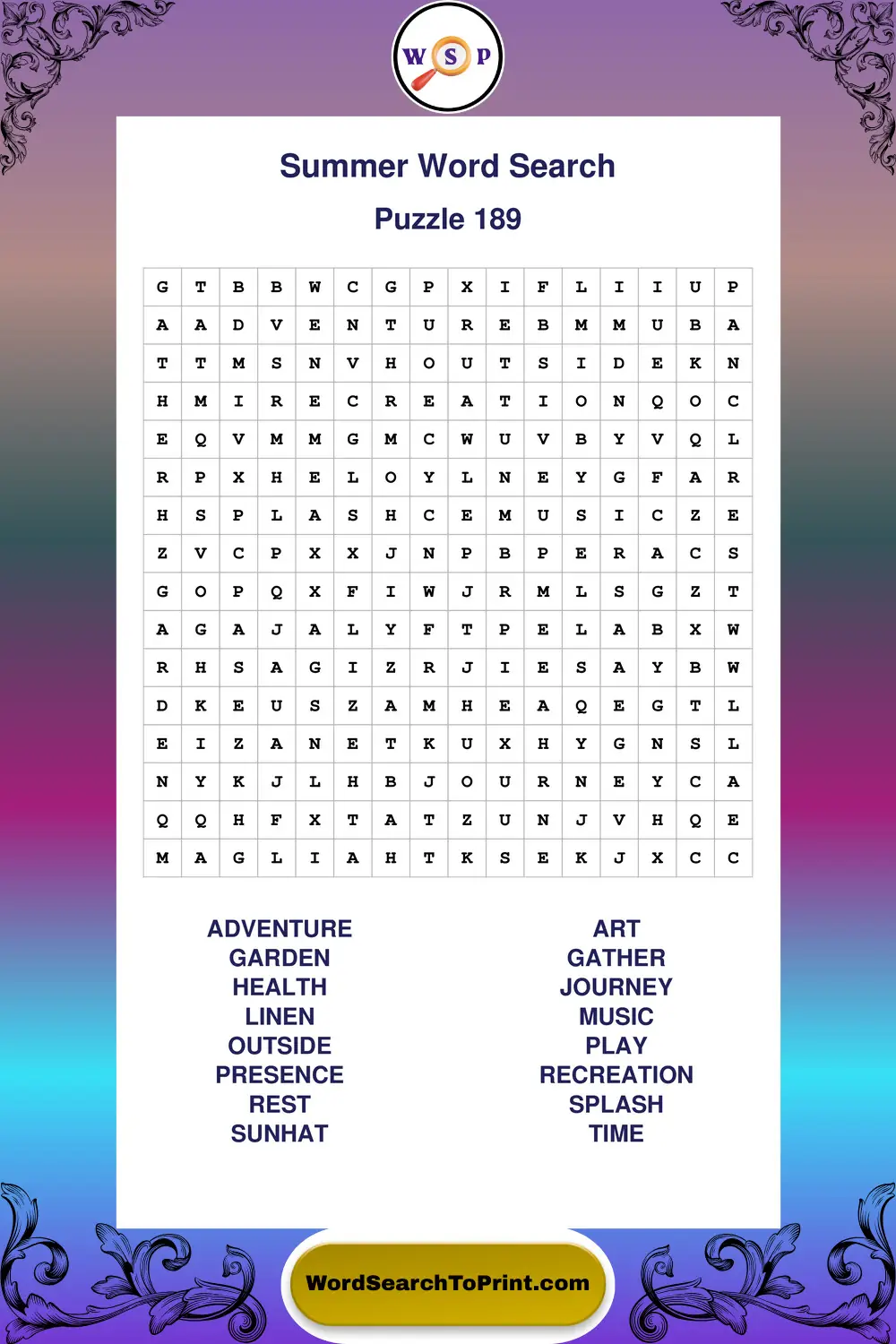 Summer Word Search Puzzle 189