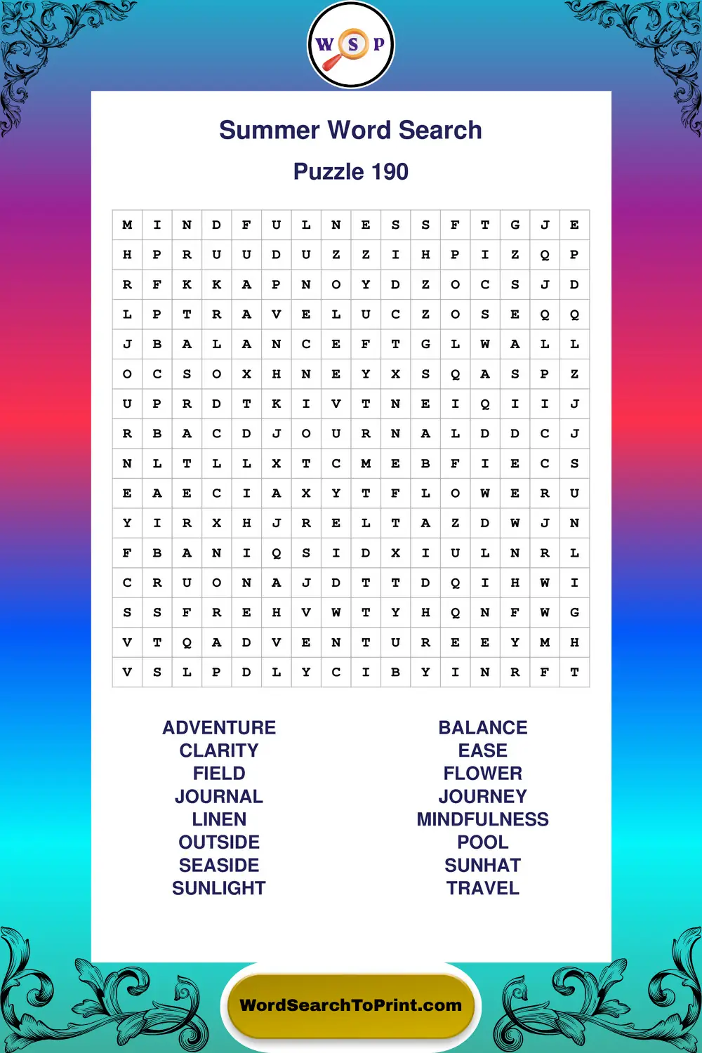 Summer Word Search Puzzle 190