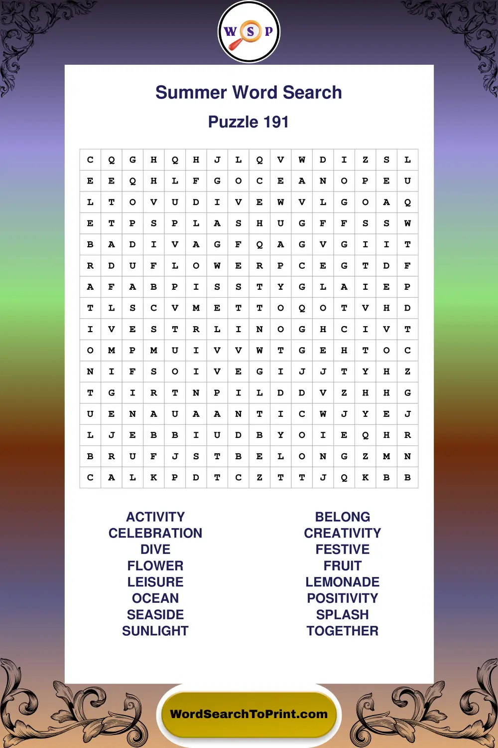 Summer Word Search Puzzle 191