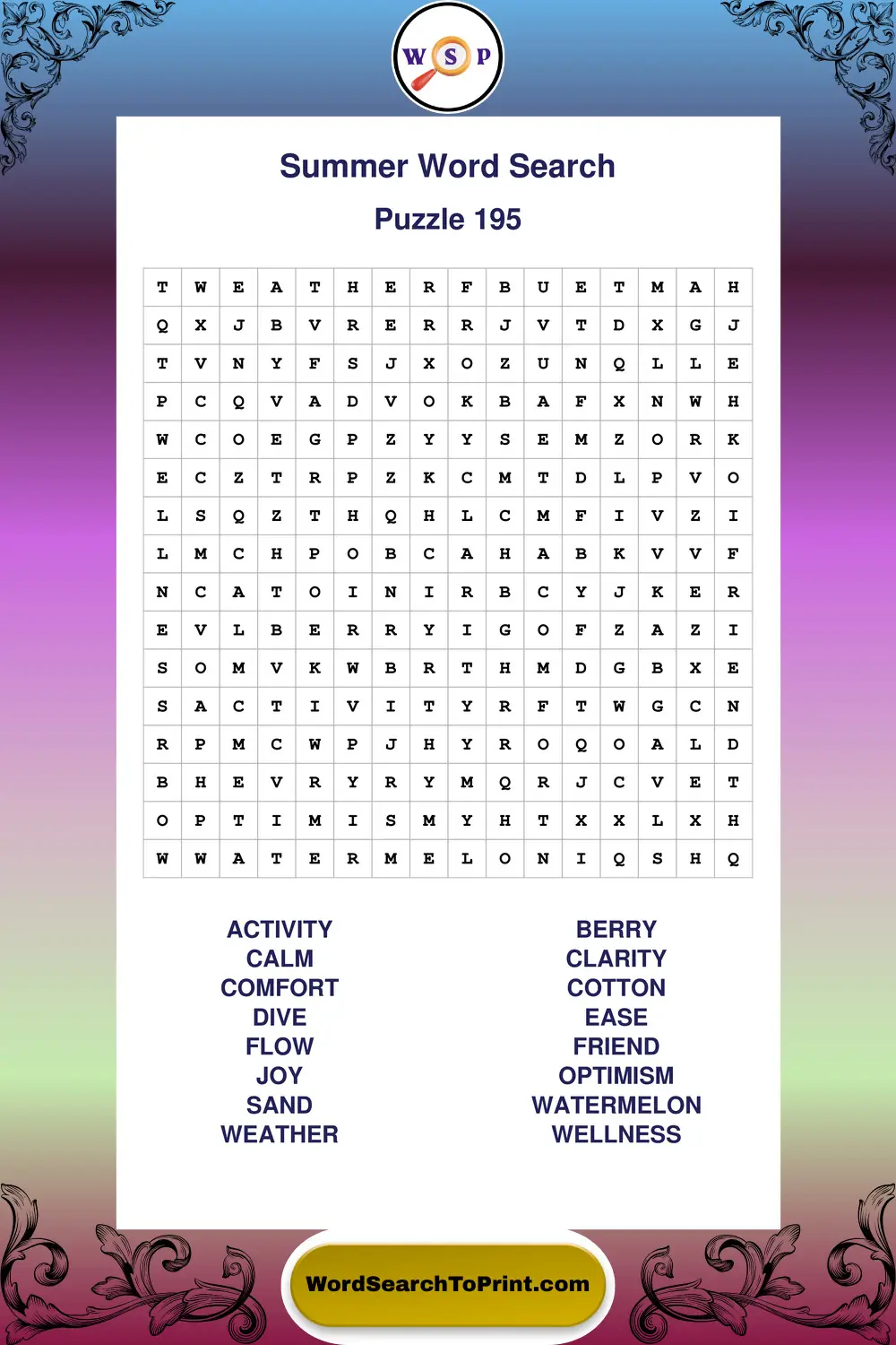 Summer Word Search Puzzle 195