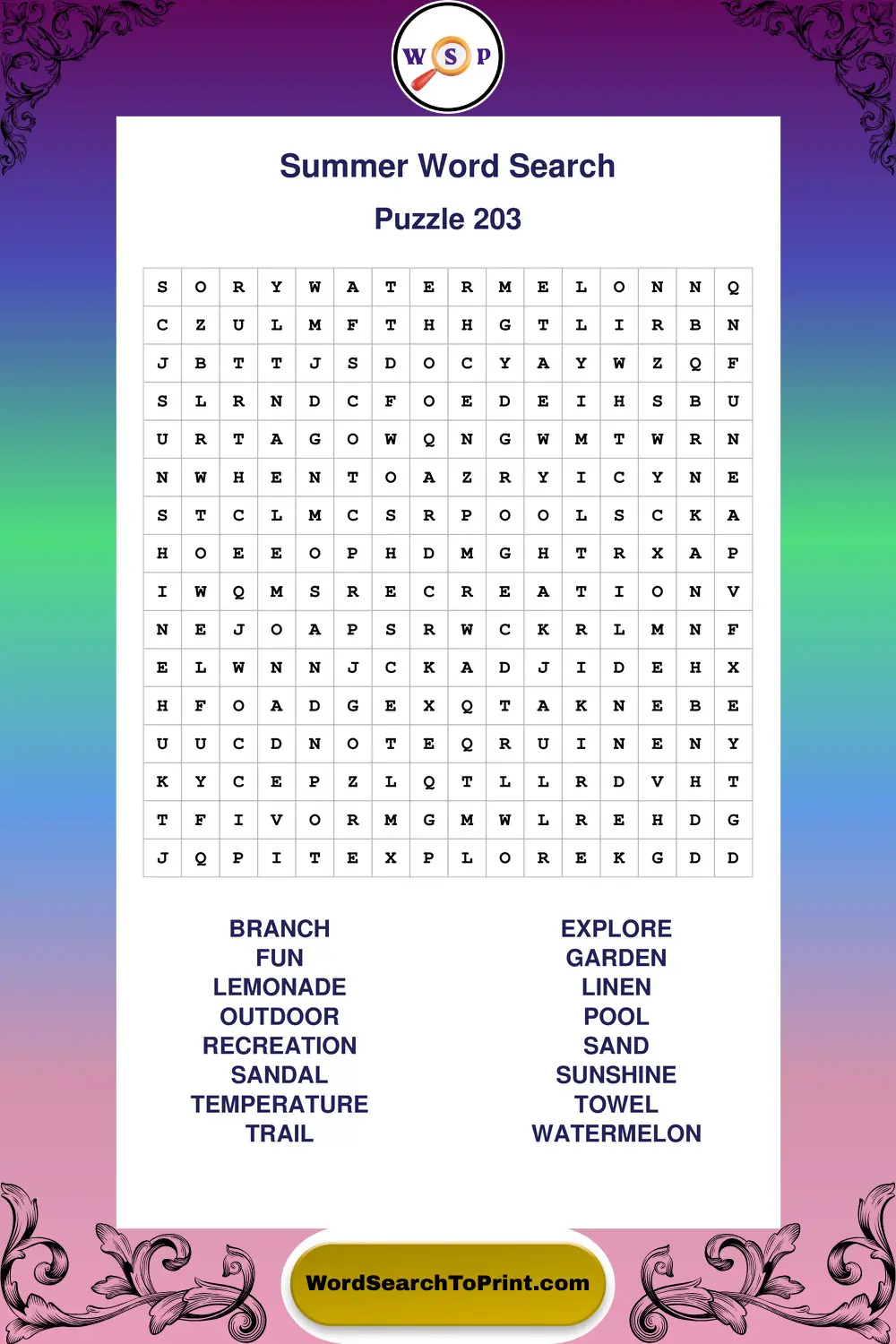 Summer Word Search Puzzle 203