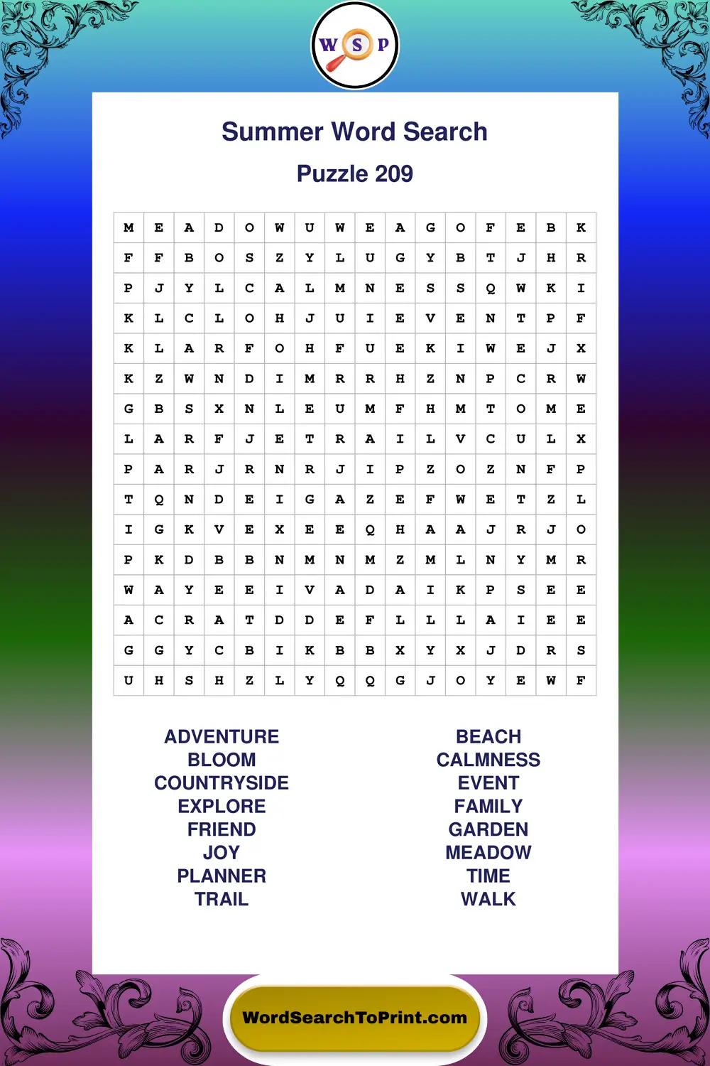 Summer Word Search Puzzle 209