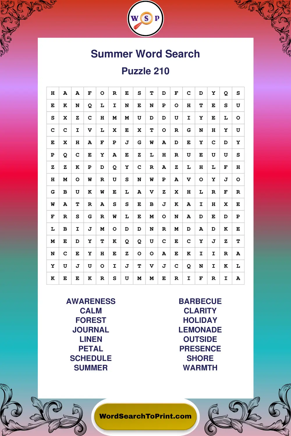 Summer Word Search Puzzle 210