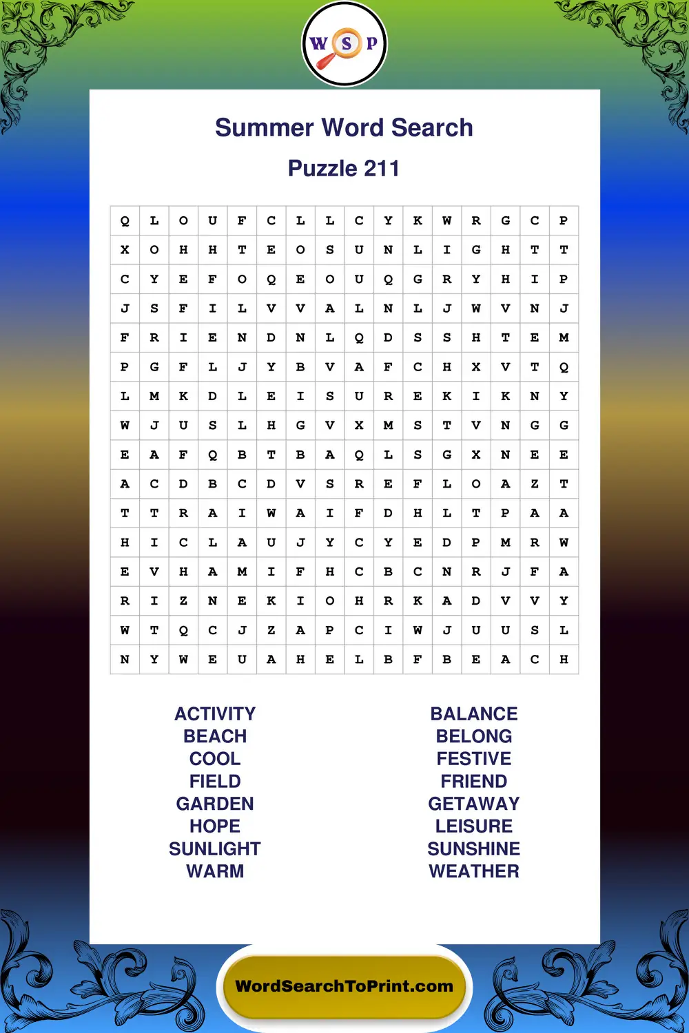 Summer Word Search Puzzle 211