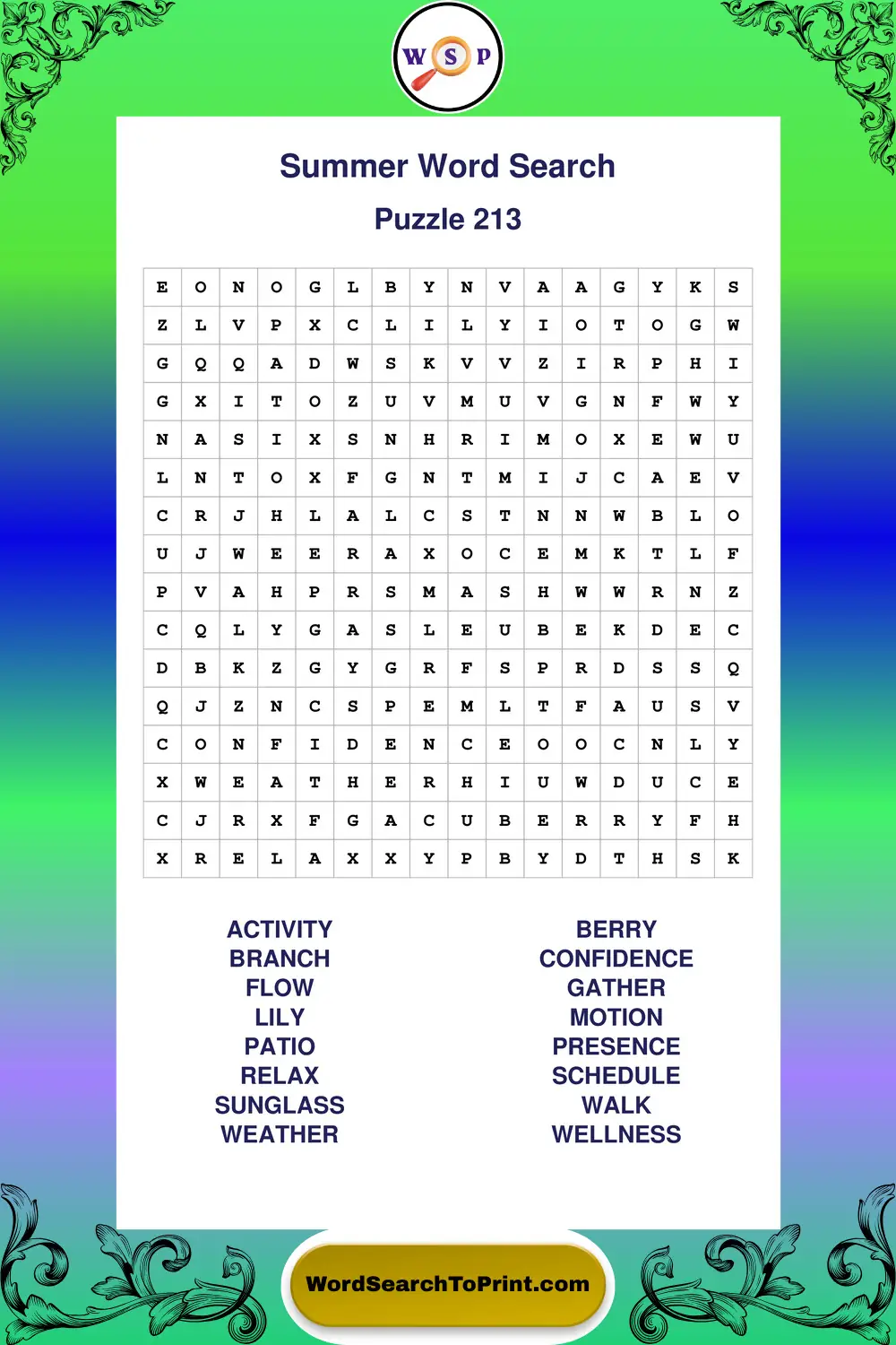 Summer Word Search Puzzle 213