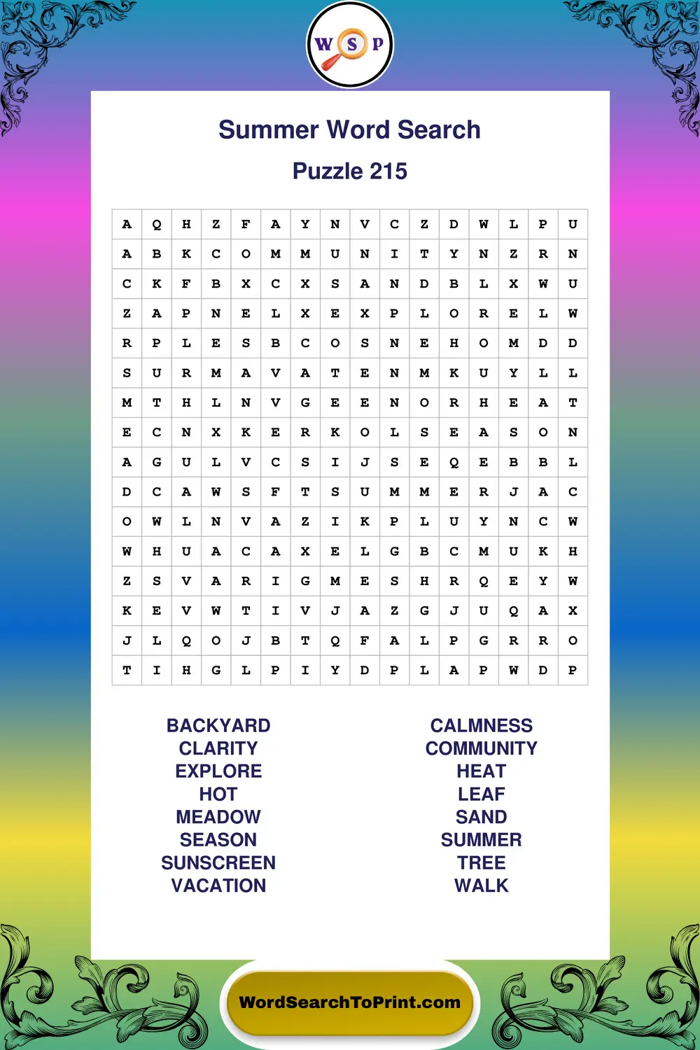 Summer Word Search Puzzle 215