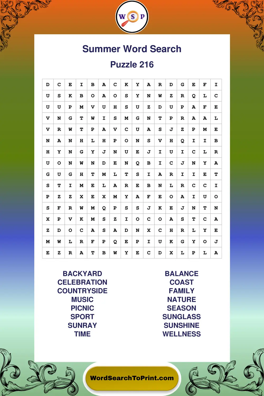 Summer Word Search Puzzle 216