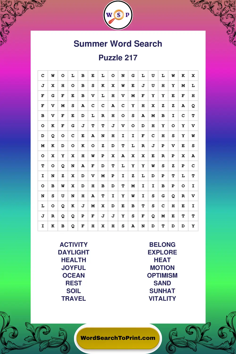 Summer Word Search Puzzle 217