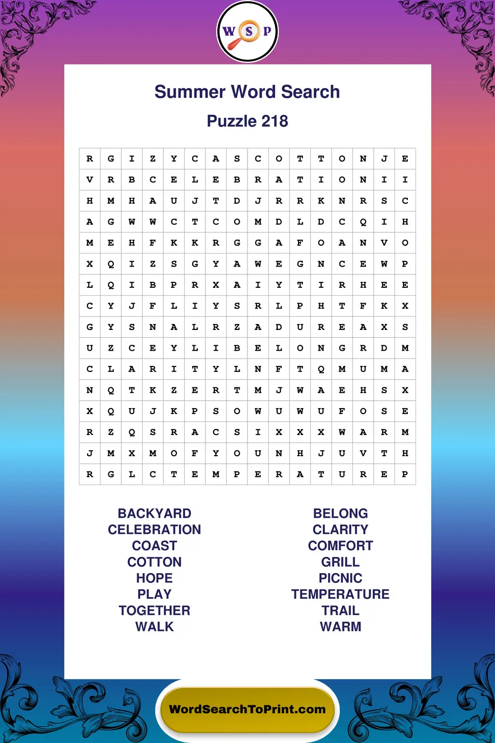 Summer Word Search Puzzle 218