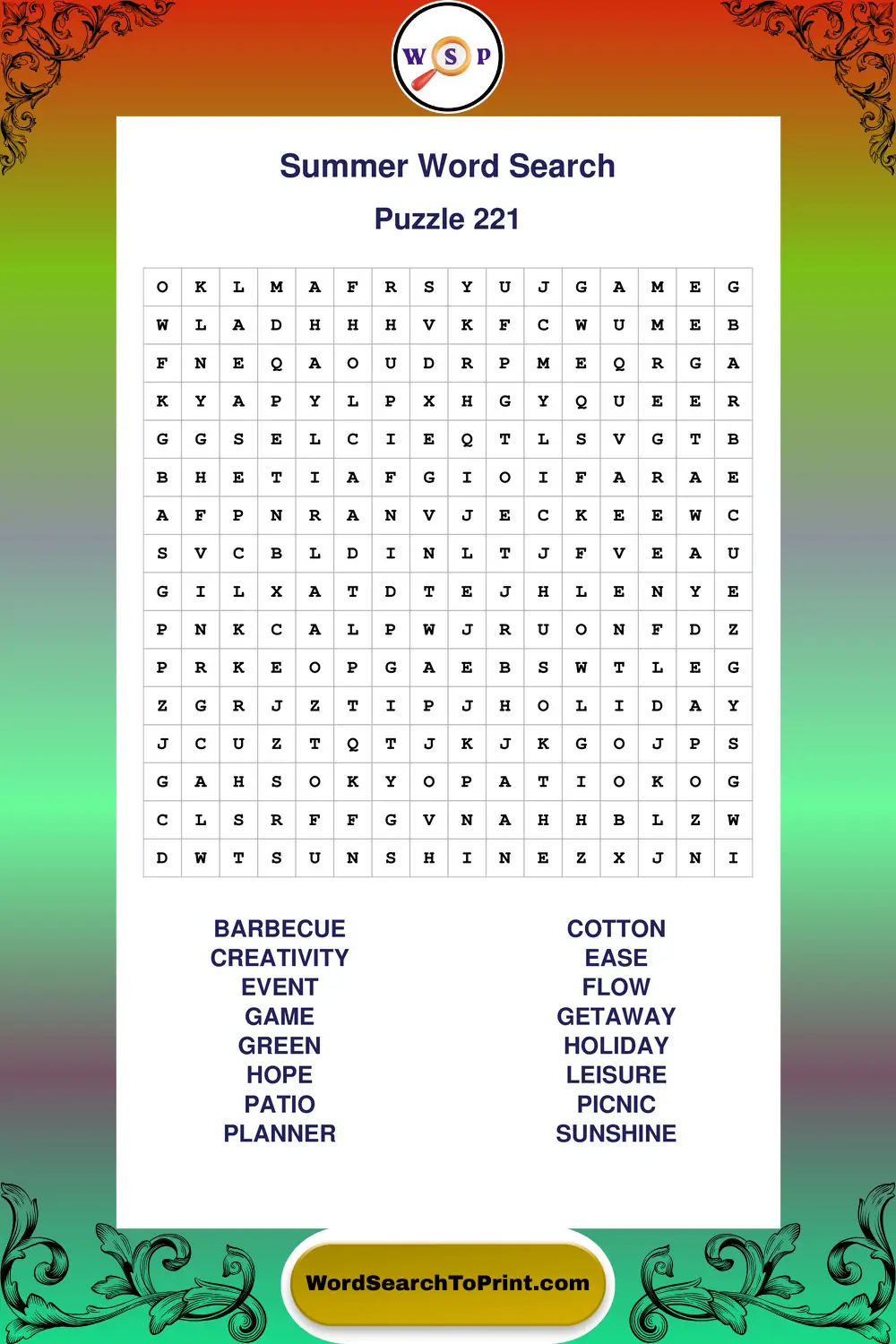 Summer Word Search Puzzle 221