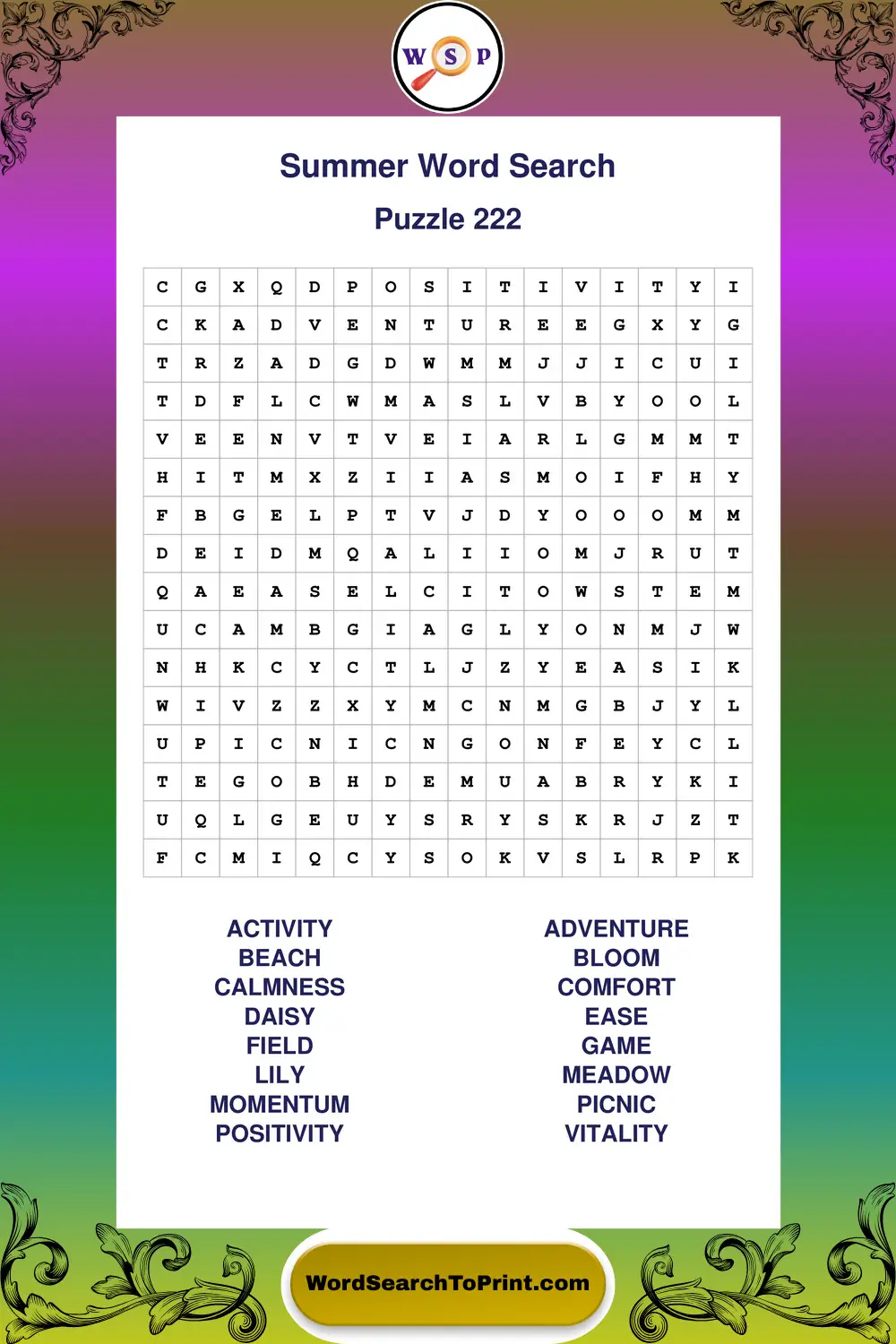 Summer Word Search Puzzle 222