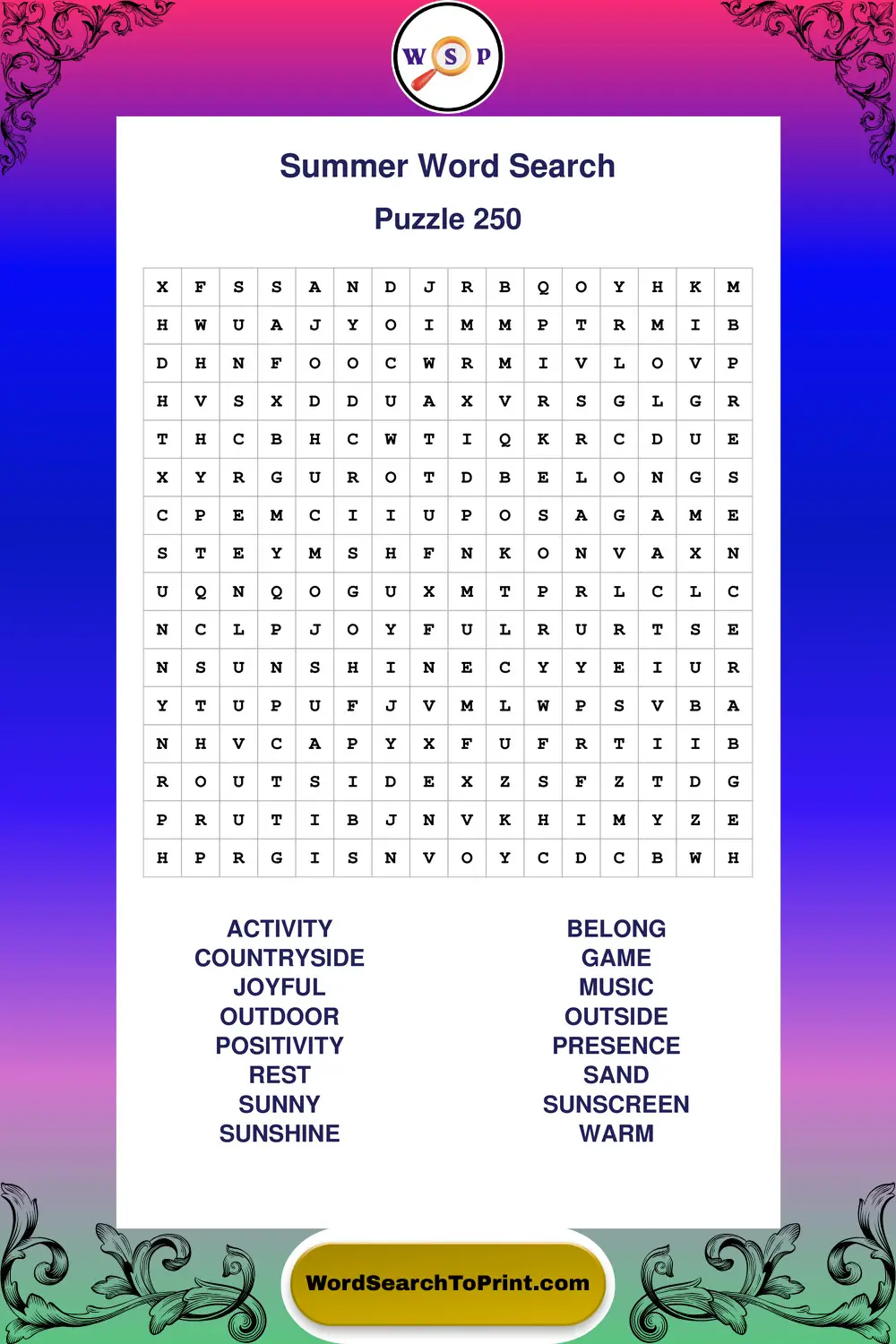 Summer Word Search Puzzle 250