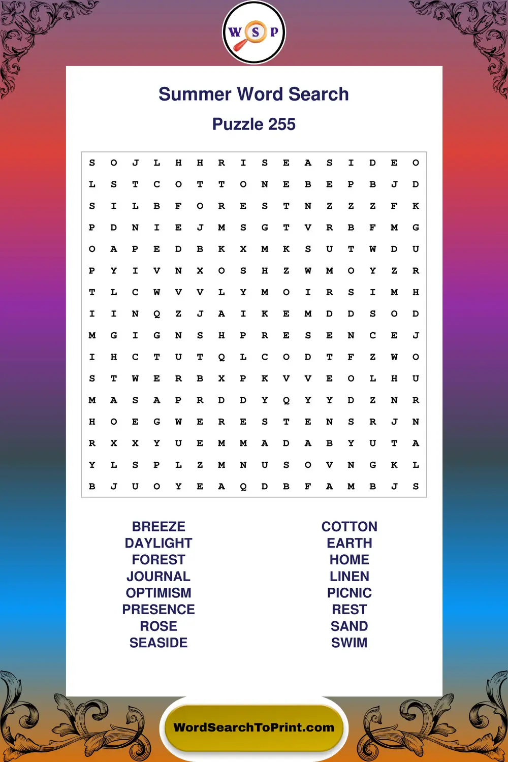 Summer Word Search Puzzle 255