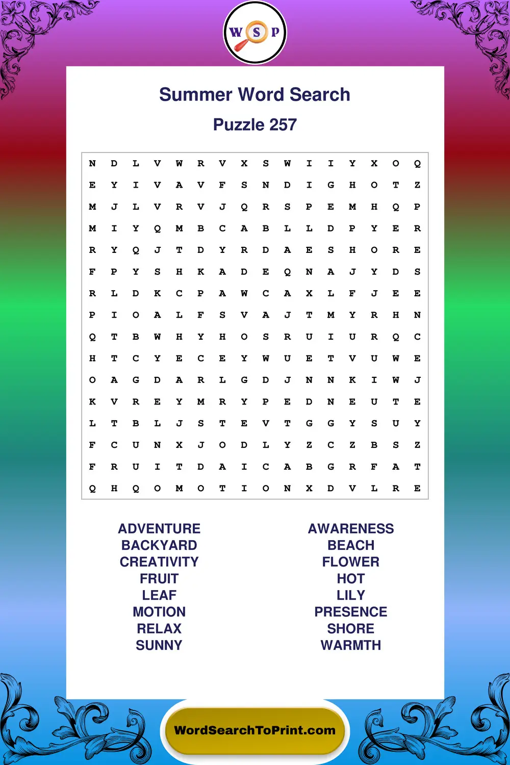 Summer Word Search Puzzle 257