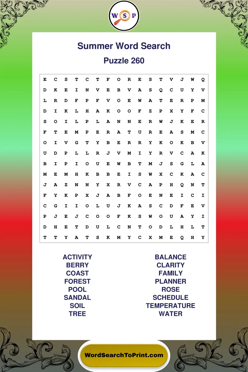 Summer Word Search Puzzle 260