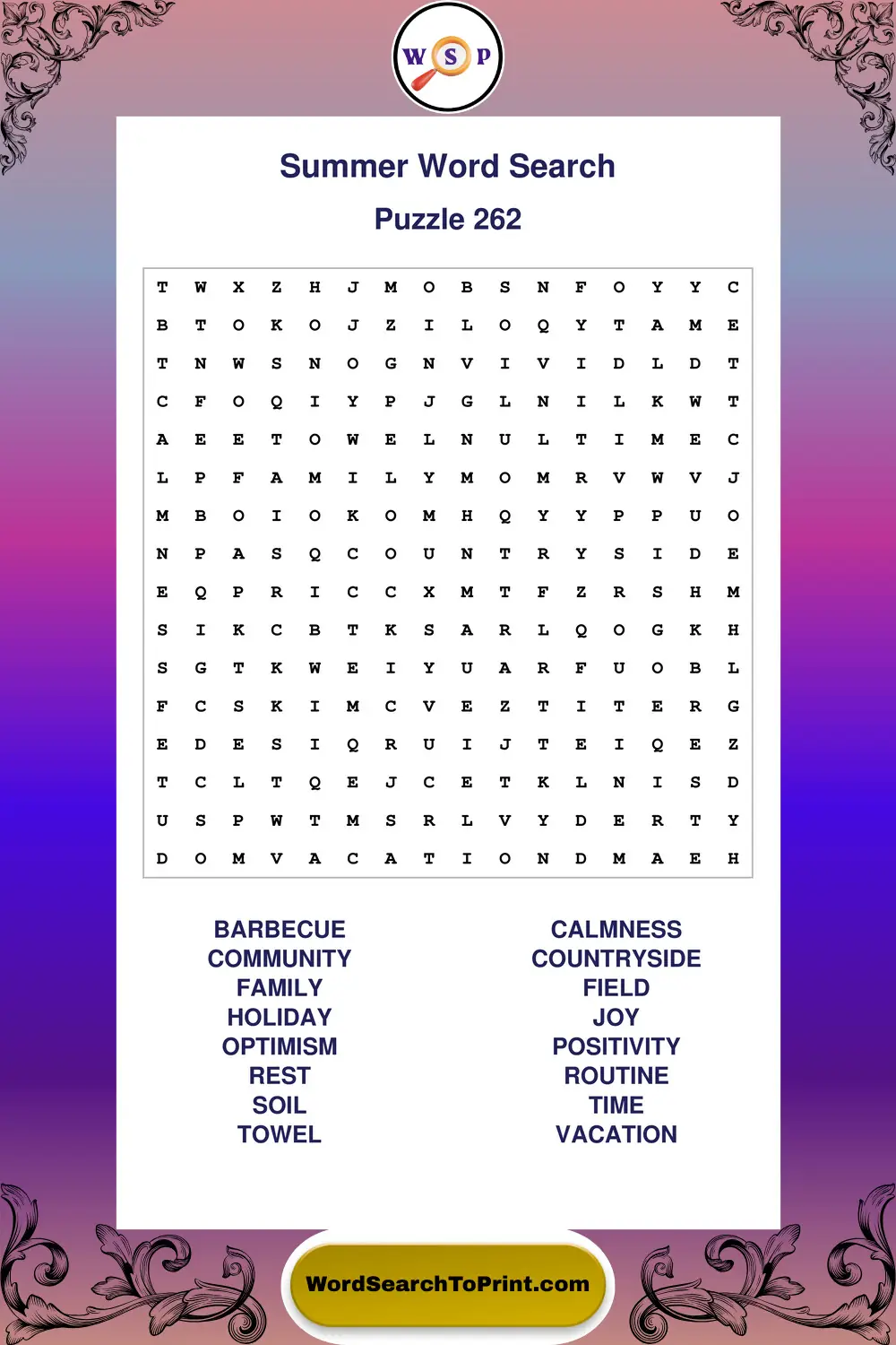 Summer Word Search Puzzle 262