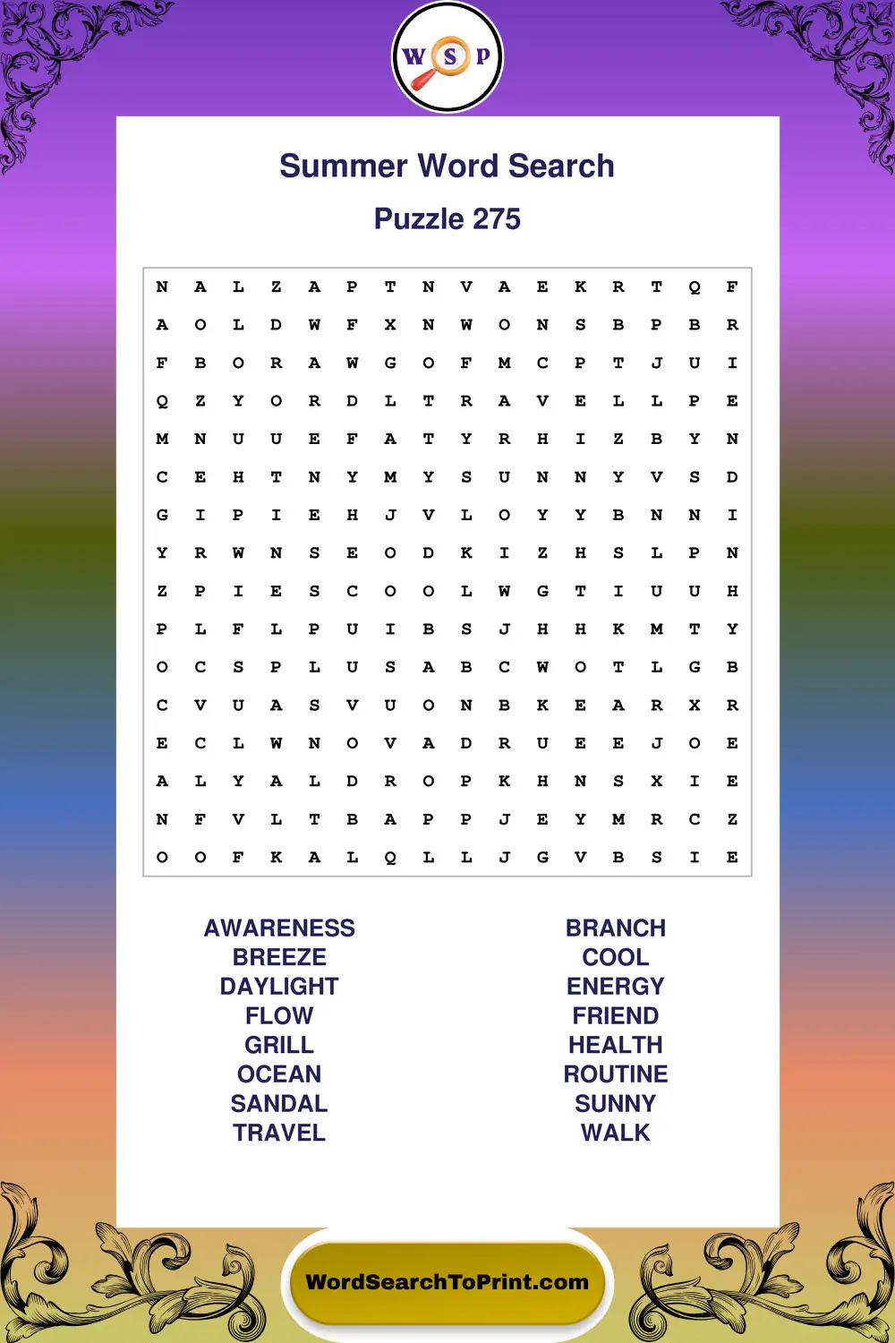 Summer Word Search Puzzle 275