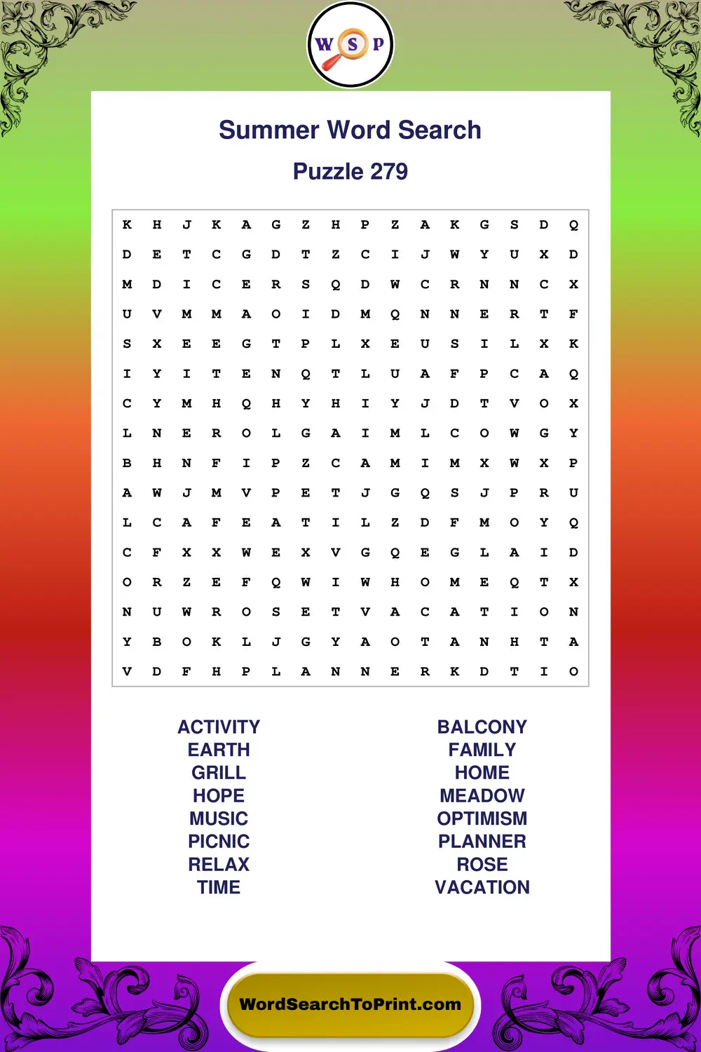Summer Word Search Puzzle 279