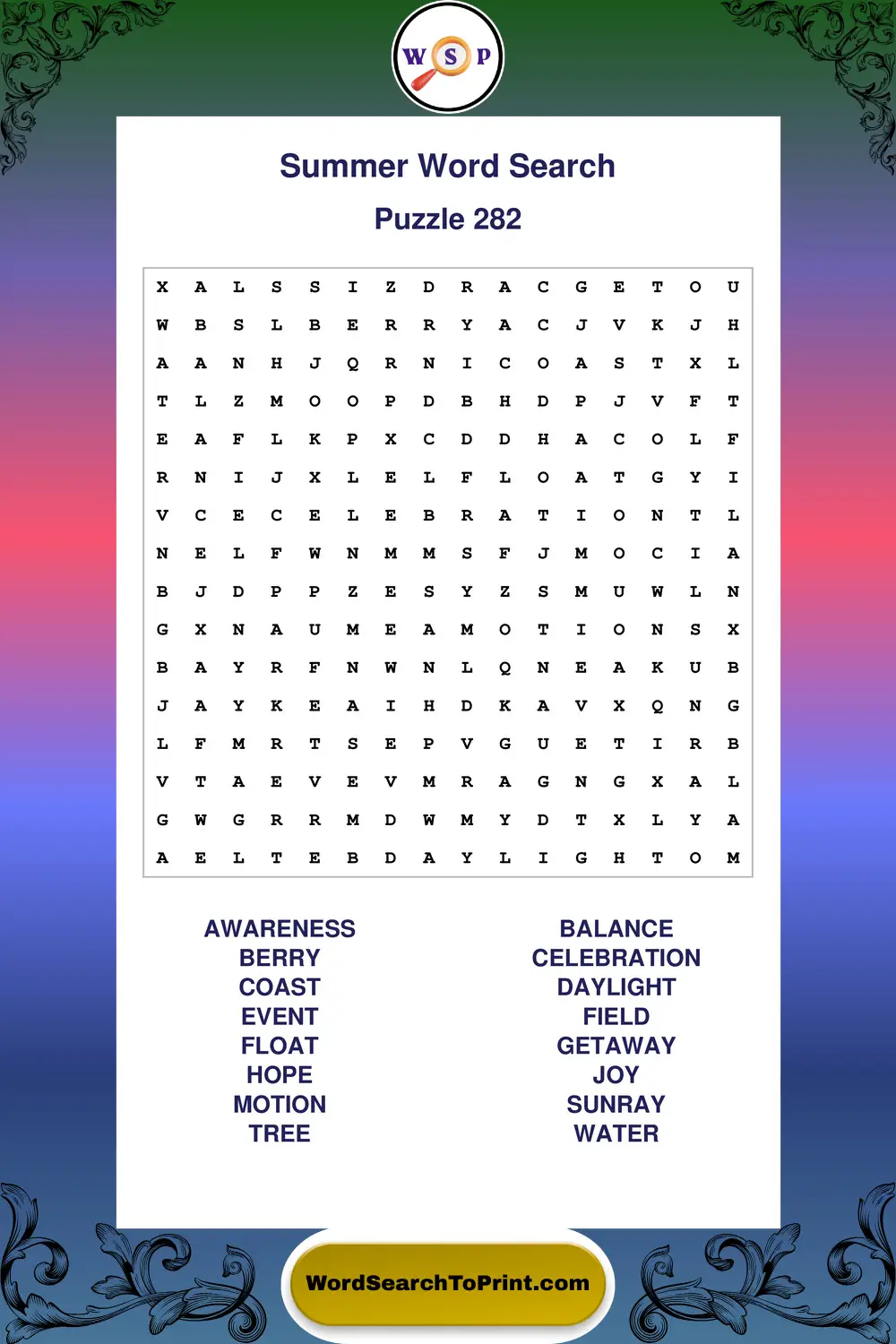 Summer Word Search Puzzle 282