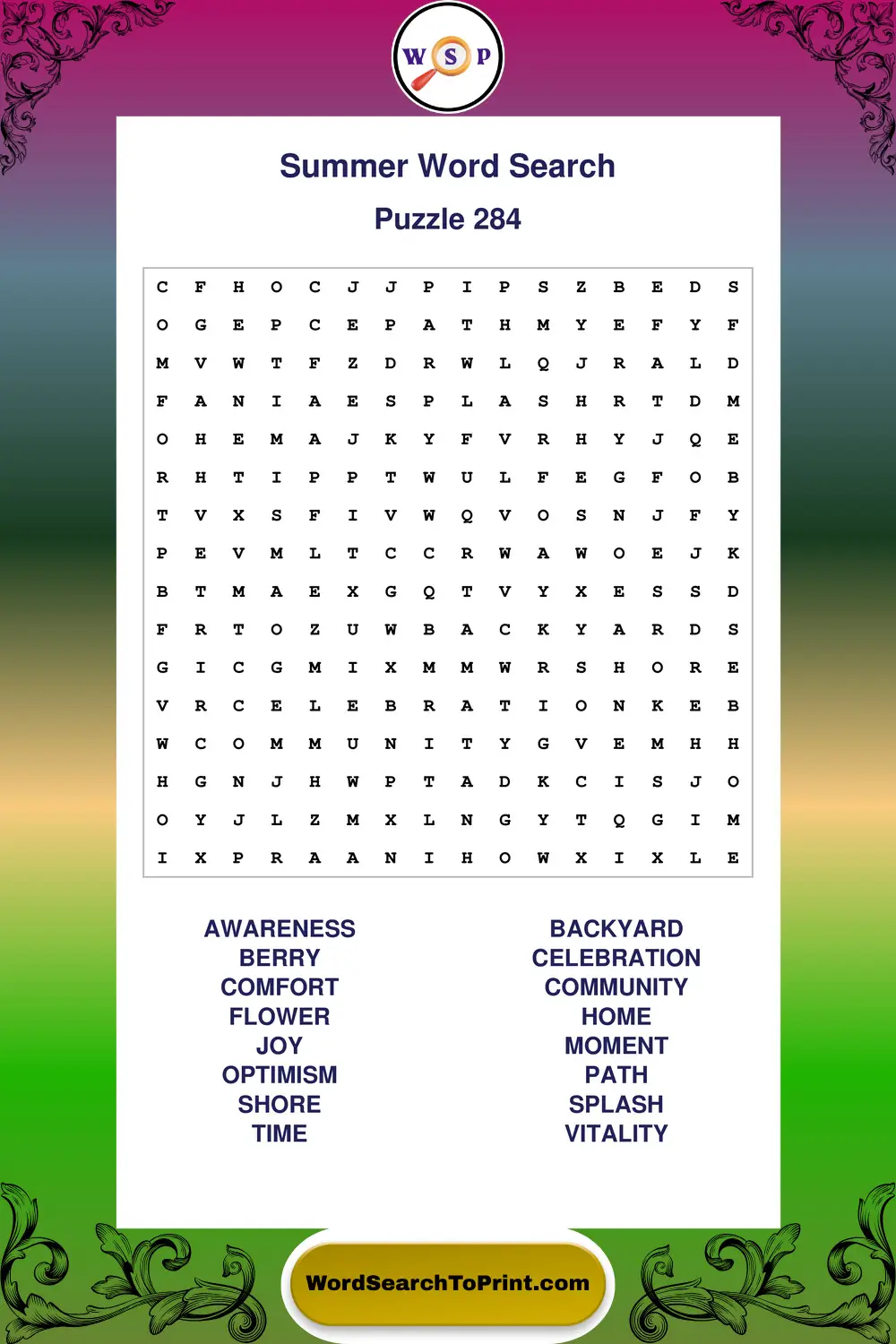 Summer Word Search Puzzle 284