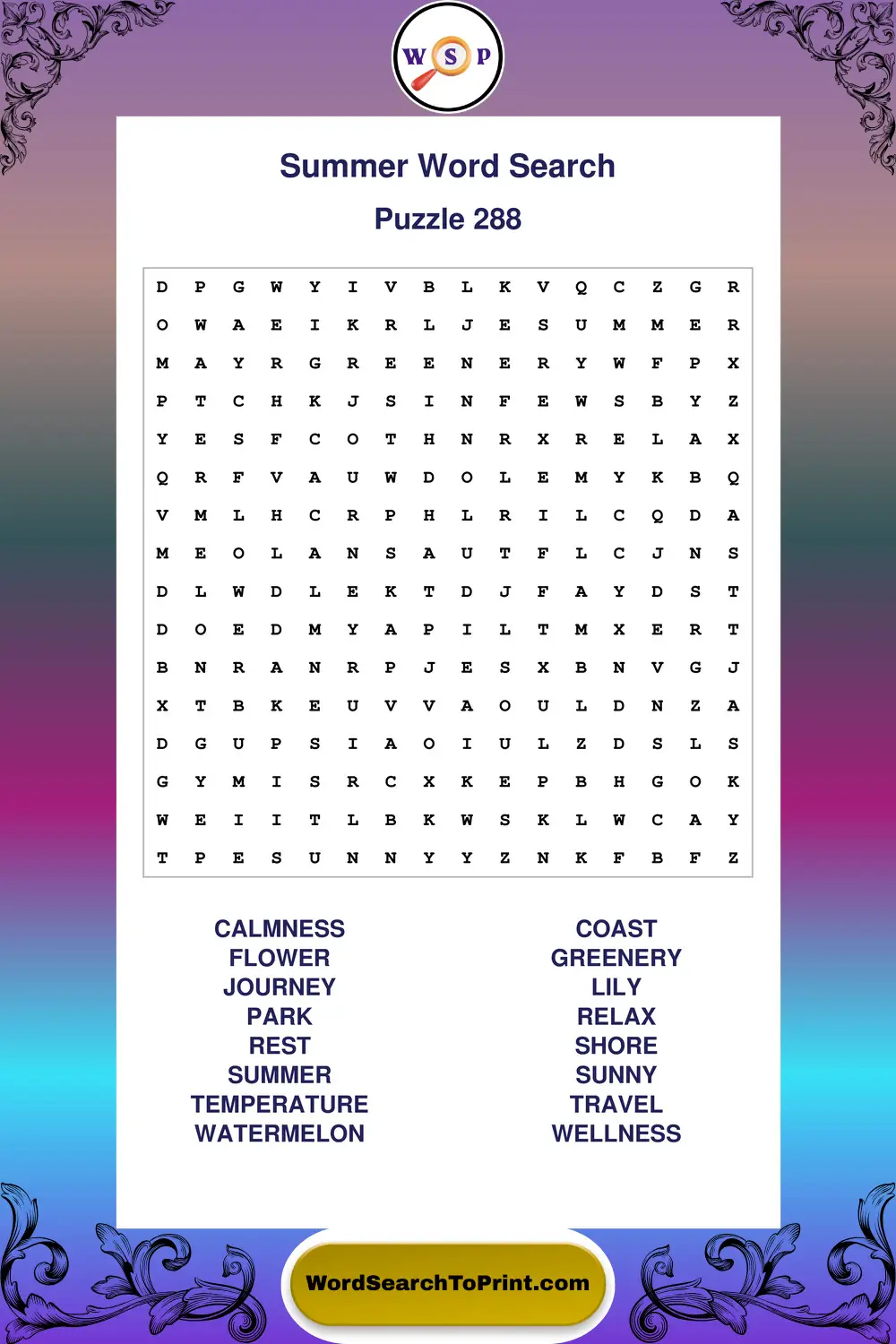 Summer Word Search Puzzle 288
