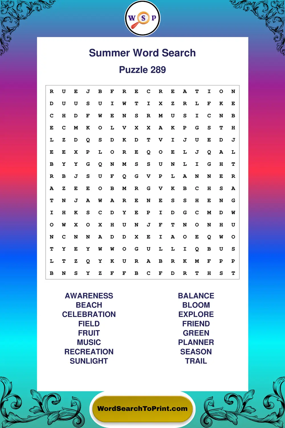 Summer Word Search Puzzle 289