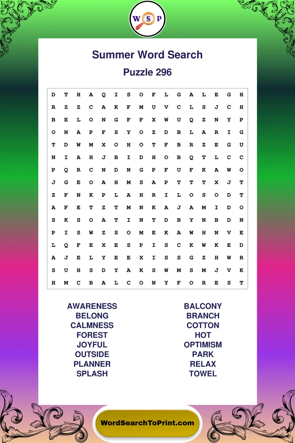 Summer Word Search Puzzle 296