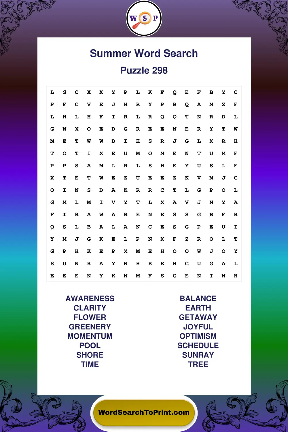Summer Word Search Puzzle 298