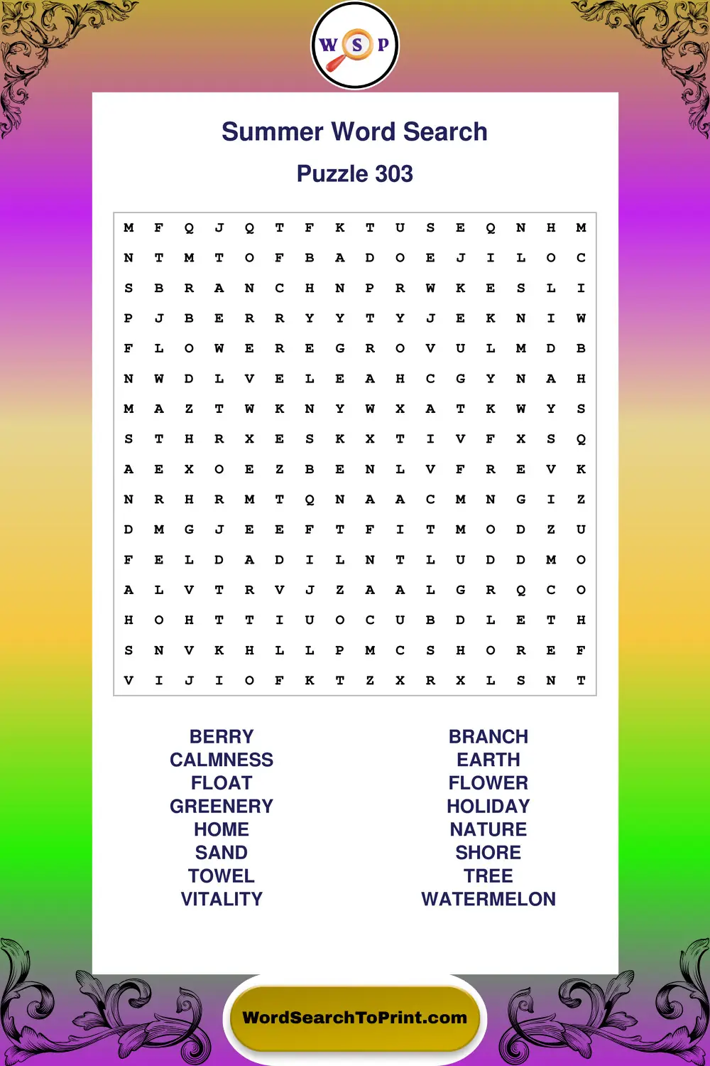 Summer Word Search Puzzle 303
