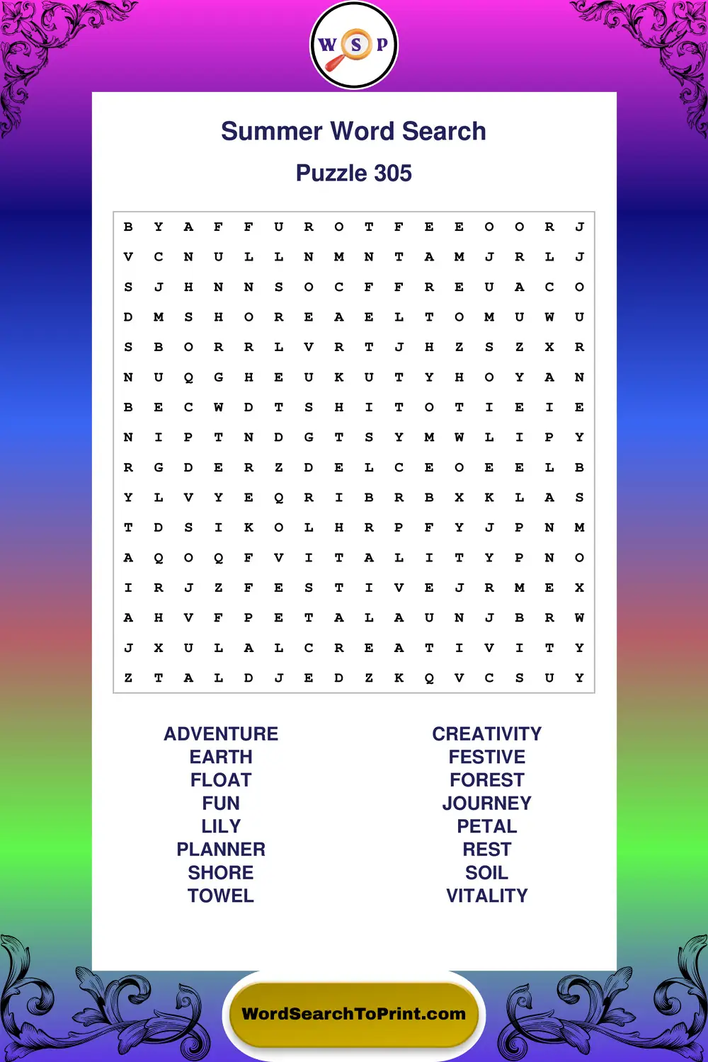 Summer Word Search Puzzle 305