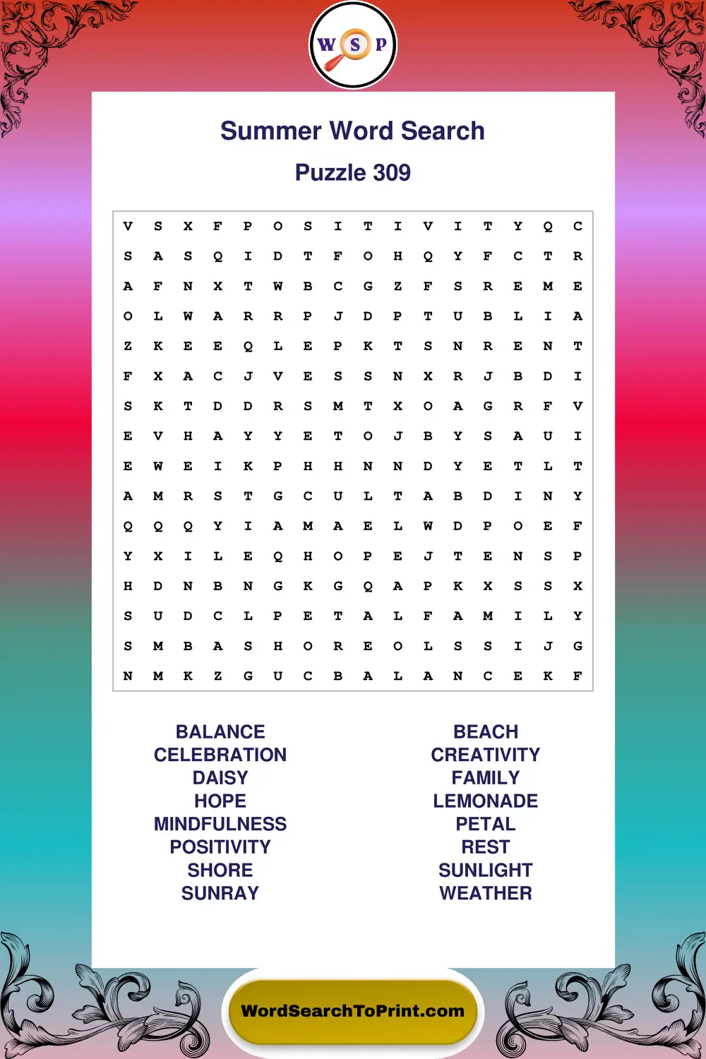 Summer Word Search Puzzle 309