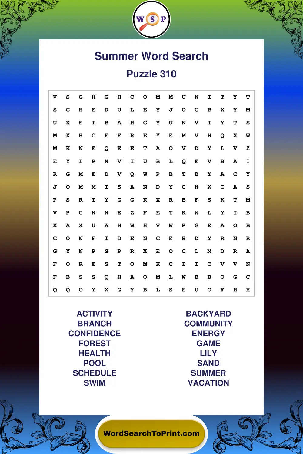 Summer Word Search Puzzle 310