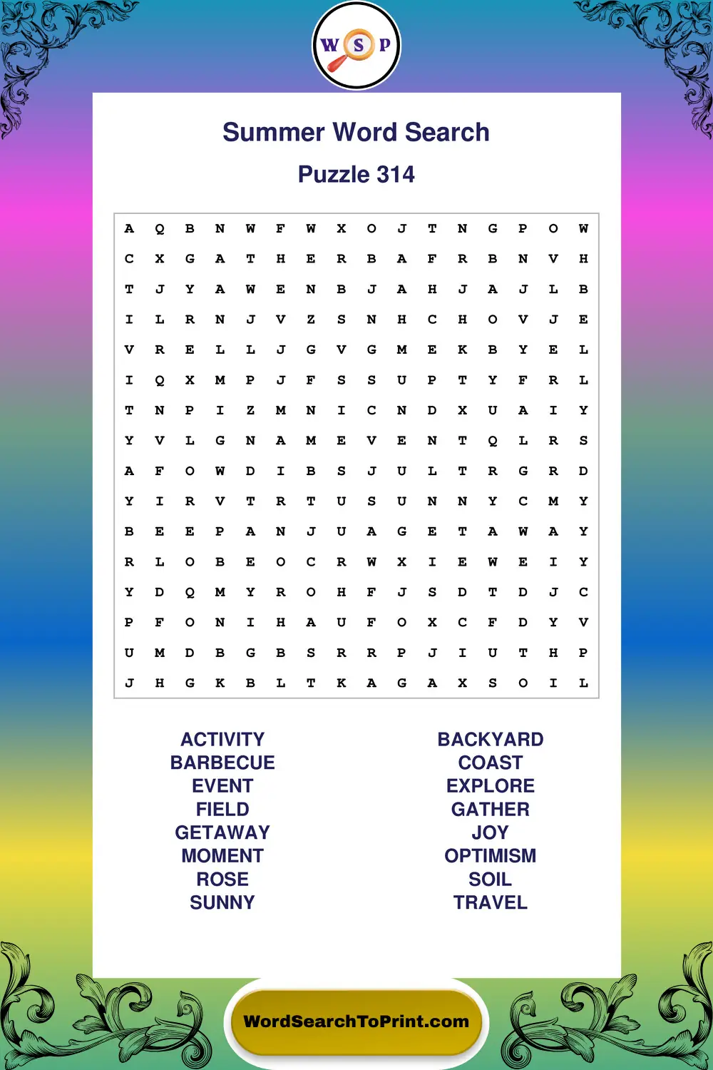 Summer Word Search Puzzle 314