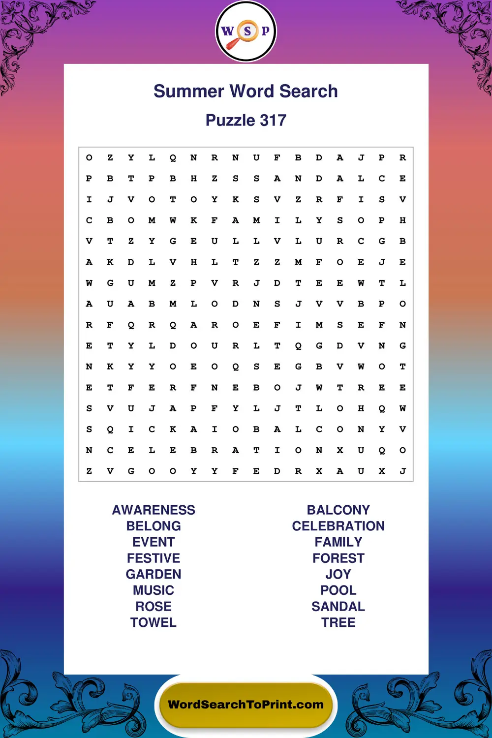 Summer Word Search Puzzle 317