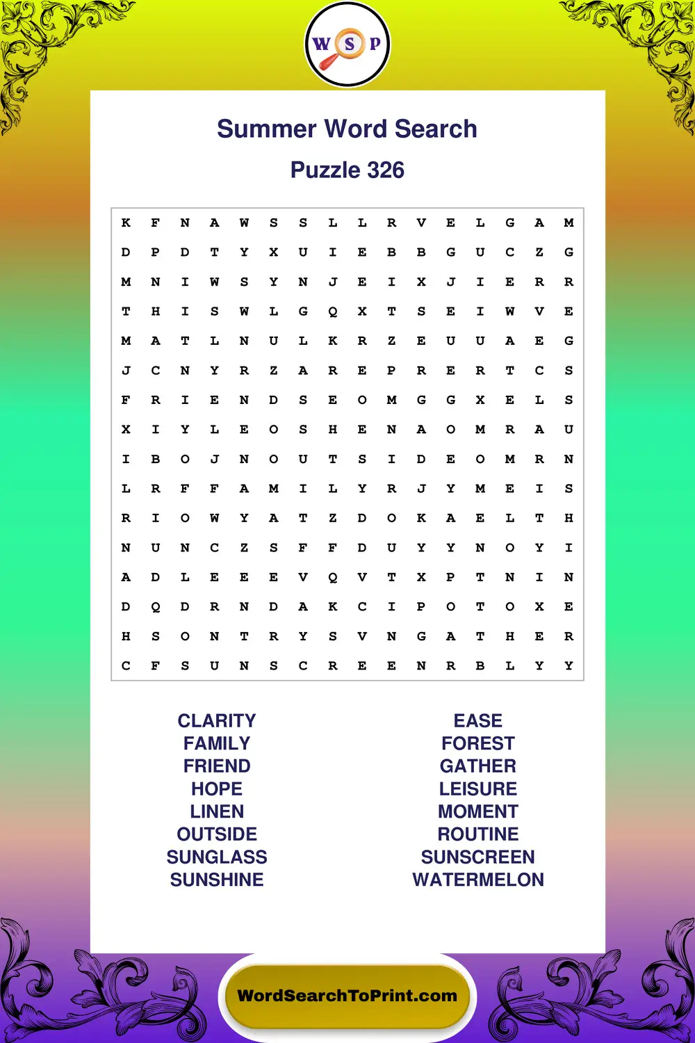 Summer Word Search Puzzle 326