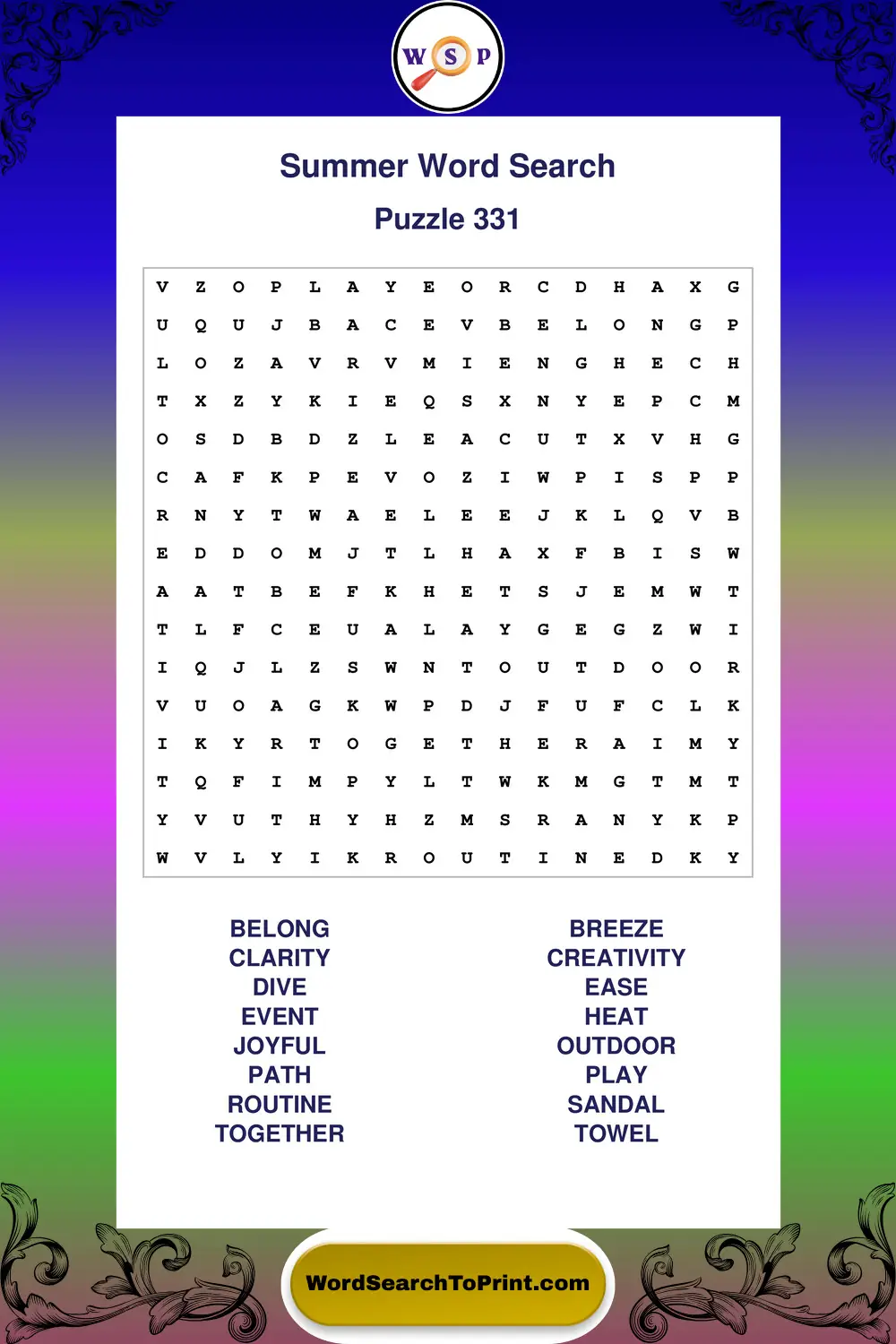 Summer Word Search Puzzle 331