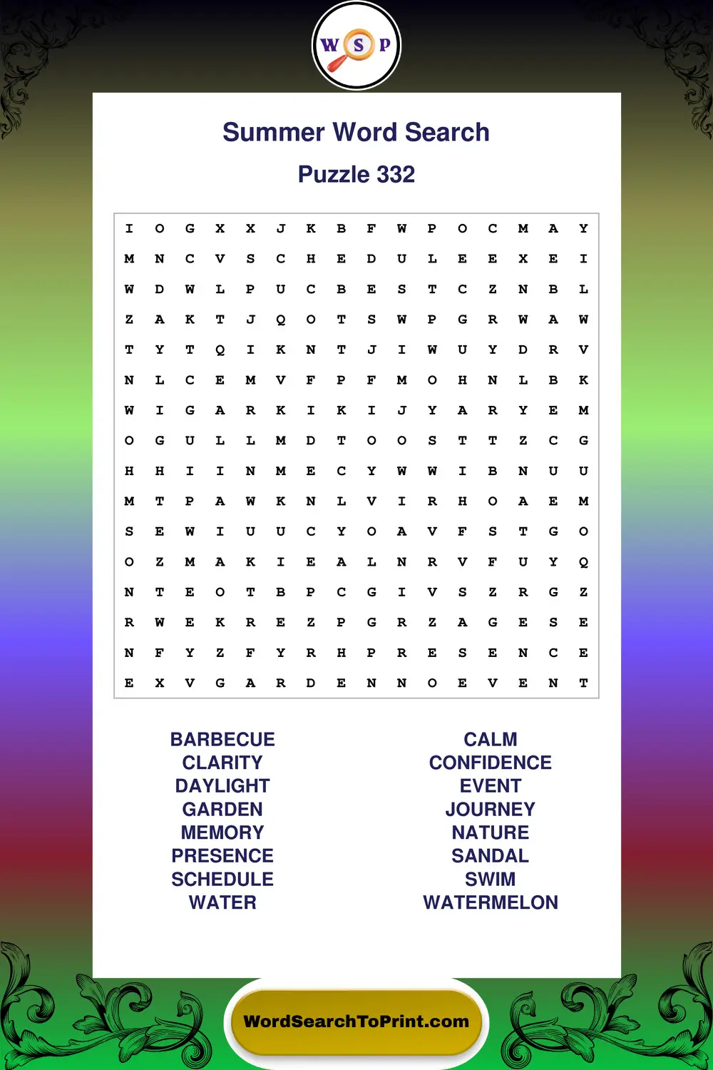 Summer Word Search Puzzle 332