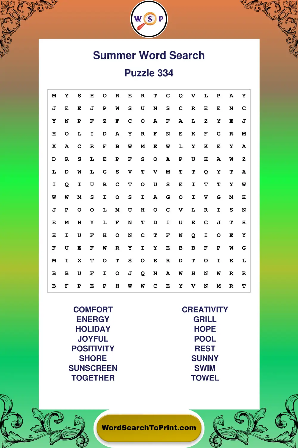 Summer Word Search Puzzle 334