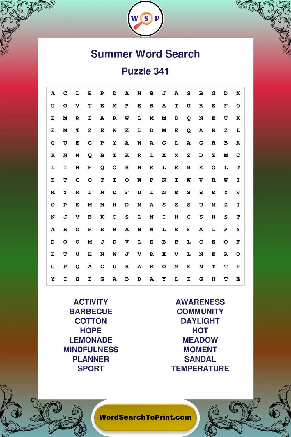 Summer Word Search Puzzle 341