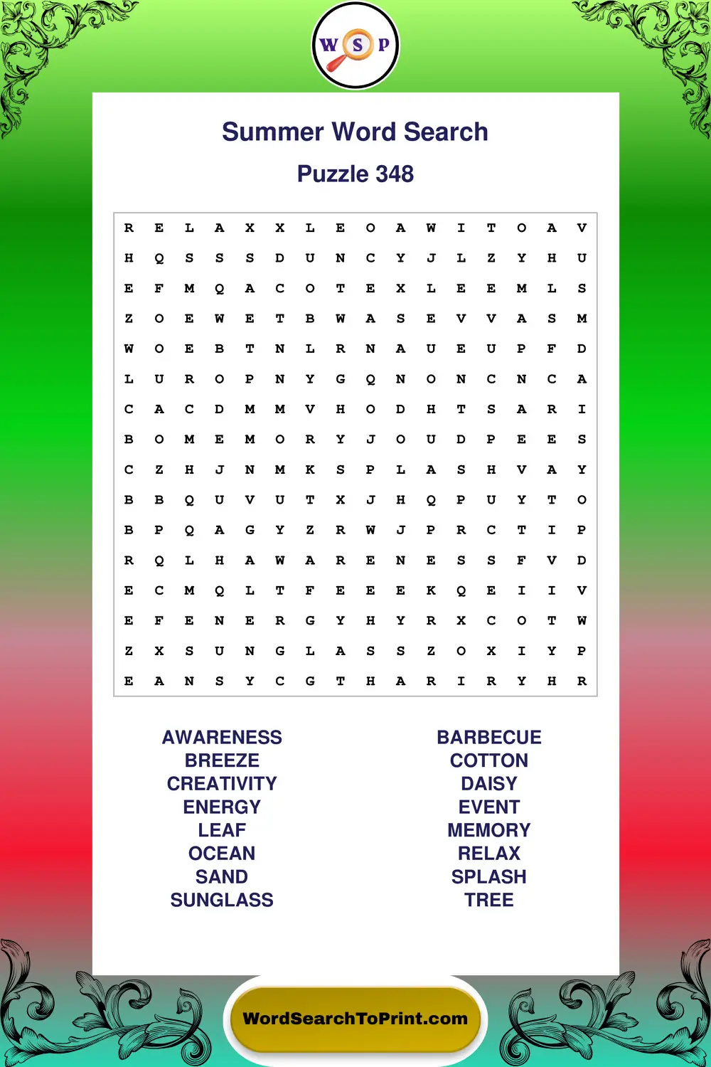 Summer Word Search Puzzle 348
